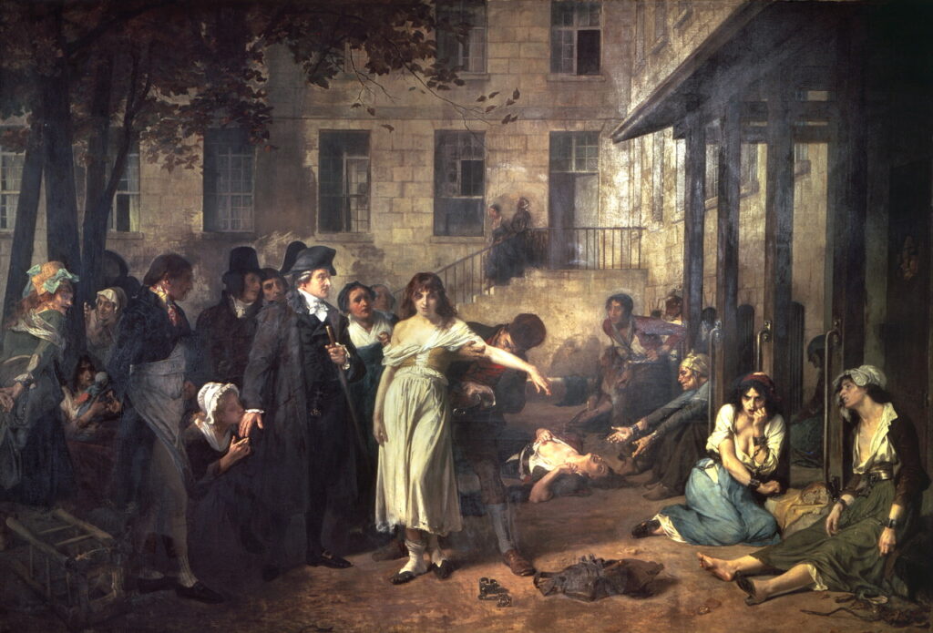 Tableau de Tony Robert-Fleury intitulé Pinel délivrant les aliénés. Dans l'enceinte d'un asile, plus précisément dans une cour intérieure, sont attroupés des médecins (à gauche de l'oeuvre) habillés en noir (tenues de bourgeois) vers une femme habillée d'un drapé blanc sale qui lui tombe des épaules. Elle trône au centre de l'image, face au spectateur, et tend le bras droit (sa gauche) en pointant du doigt des malades mentaux enchaînés par terre sur de la paille. Il sont terrifiés et mal en point. Toute cette composition crée une diagonale partant du haut gauche du tableau au bas droit.