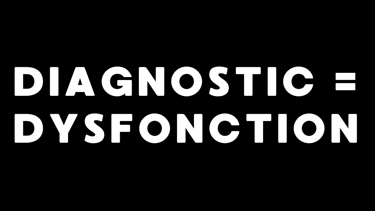 Image illustrative se voulant impactante par l'écriture en lettres blanches capitales épaisses "Diagnostic égal" et en-dessous aligné "dysfonction", le tout sur fond noir.