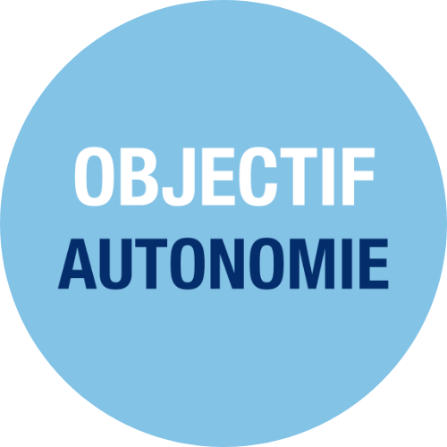 Logo d'Objectif Autonomie rond. Le nom du collectif est écrit en lettres capitales sur fond bleu clair. Le premier mot est écrit en blanc et le second en dessous en bleu sombre. Cliquer dessus renvoie au site web du collectif.